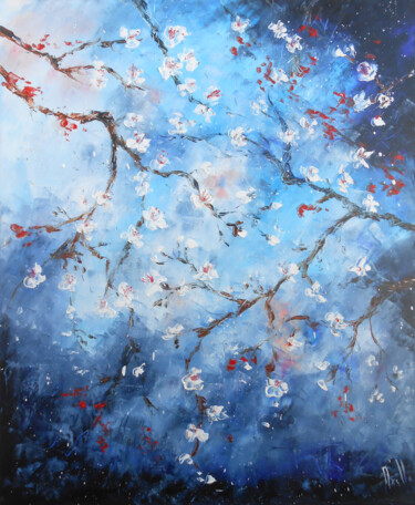 Painting titled "Cerisiers blancs du…" by Axelle Bosler, Original Artwork, Oil Mounted on Wood Stretcher frame