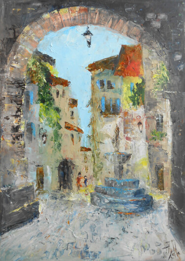 Painting titled "Place de la Fontaine" by Axelle Bosler, Original Artwork, Oil Mounted on Wood Stretcher frame