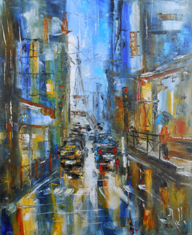 Painting titled "Rue parisienne" by Axelle Bosler, Original Artwork, Oil Mounted on Wood Stretcher frame