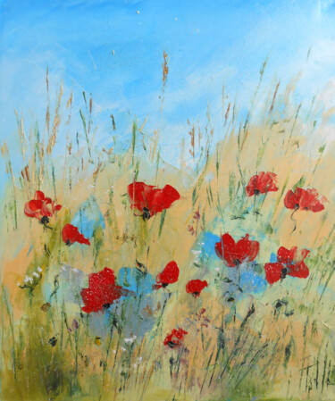 Painting titled "Coquelicots en libe…" by Axelle Bosler, Original Artwork, Oil Mounted on Wood Stretcher frame