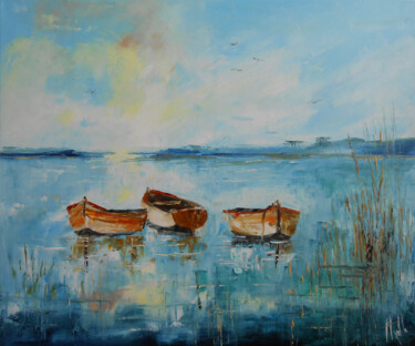Painting titled "Les trois barques" by Axelle Bosler, Original Artwork, Oil Mounted on Wood Stretcher frame