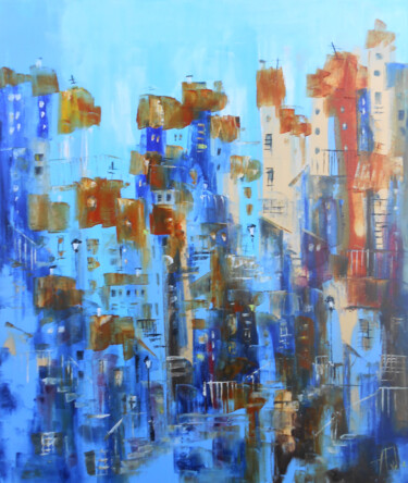 Painting titled "La Cité bleue" by Axelle Bosler, Original Artwork, Oil Mounted on Wood Stretcher frame