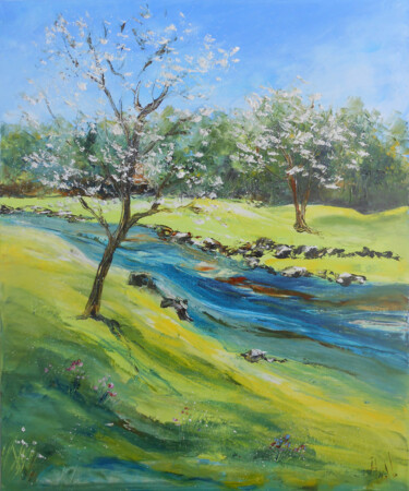 Peinture intitulée "Cerisiers au bord d…" par Axelle Bosler, Œuvre d'art originale, Huile Monté sur Châssis en bois