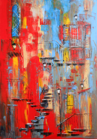 Painting titled "Ville rouge" by Axelle Bosler, Original Artwork, Oil Mounted on Wood Stretcher frame