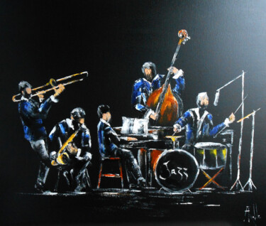 Painting titled "Le Concert de Jazz" by Axelle Bosler, Original Artwork, Oil Mounted on Wood Stretcher frame