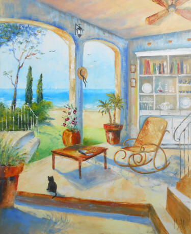 Painting titled "Patio d'été" by Axelle Bosler, Original Artwork, Oil Mounted on Wood Stretcher frame