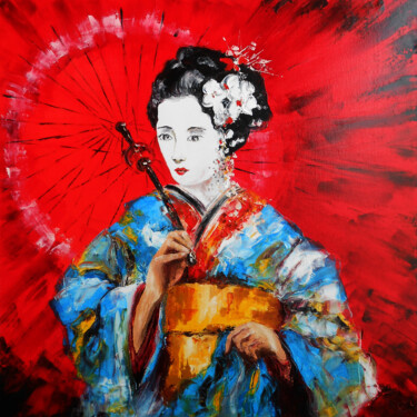 Painting titled "La Geisha à l'ombre…" by Axelle Bosler, Original Artwork, Oil Mounted on Wood Stretcher frame