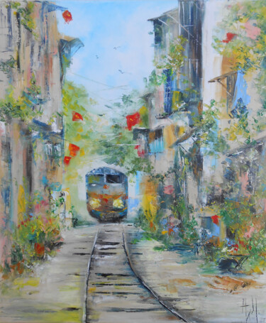 Painting titled "Rue ferroviaire d'H…" by Axelle Bosler, Original Artwork, Oil Mounted on Wood Stretcher frame