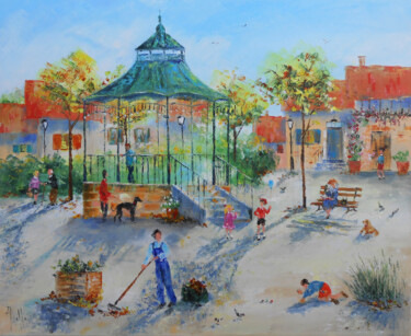 Painting titled "Autour du Kiosque" by Axelle Bosler, Original Artwork, Oil Mounted on Wood Stretcher frame