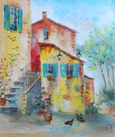 Painting titled "Le Village aux poul…" by Axelle Bosler, Original Artwork, Oil Mounted on Wood Stretcher frame