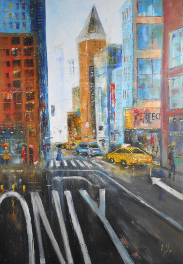 Painting titled "Averse à New-York" by Axelle Bosler, Original Artwork, Oil Mounted on Wood Stretcher frame