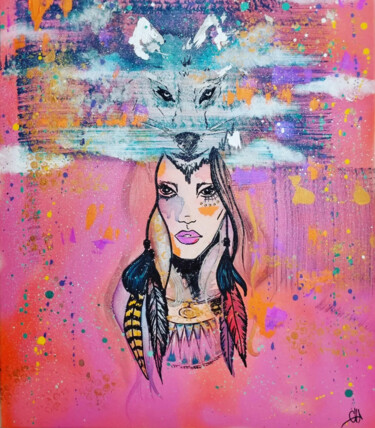 Painting titled "L'indienne" by Axelle Chardon, Original Artwork, Acrylic Mounted on Wood Stretcher frame