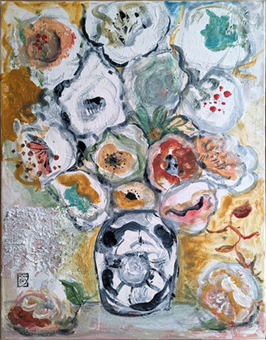 Painting titled "Fleurs au pot clair" by Ayako Guerin, Original Artwork, Acrylic Mounted on Wood Stretcher frame