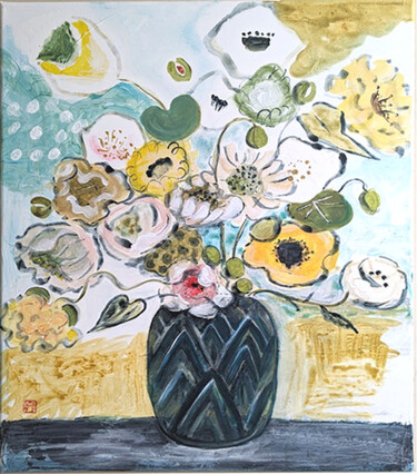 Painting titled "fleurs au vase art…" by Ayako Guerin, Original Artwork, Acrylic Mounted on Wood Stretcher frame