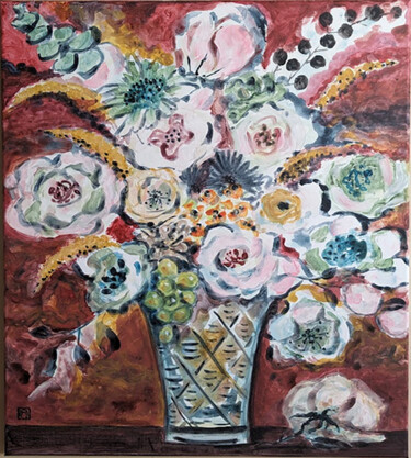 Painting titled "Fleurs de bienvenue" by Ayako Guerin, Original Artwork, Acrylic Mounted on Wood Stretcher frame