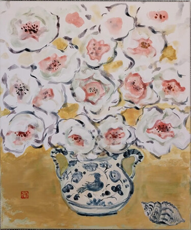 Malarstwo zatytułowany „Fleur blanche fond…” autorstwa Ayako Guerin, Oryginalna praca, Akryl Zamontowany na Drewniana rama n…