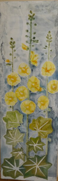 Painting titled "Rose tremiere jaune" by Ayako Guerin, Original Artwork, Acrylic Mounted on Wood Stretcher frame
