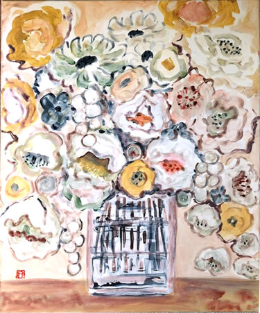 Painting titled "bouquet de fleurs a…" by Ayako Guerin, Original Artwork, Acrylic Mounted on Wood Stretcher frame
