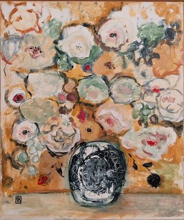 Painting titled "fleurs Nardis" by Ayako Guerin, Original Artwork, Acrylic Mounted on Wood Stretcher frame