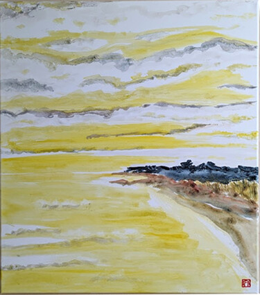 Pittura intitolato "la plage au ciel ja…" da Ayako Guerin, Opera d'arte originale, Acrilico Montato su Telaio per barella in…