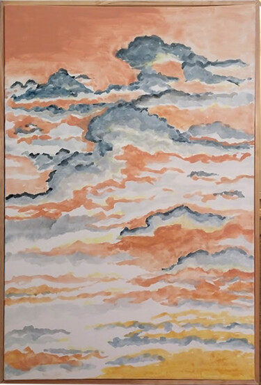 Painting titled "Orange Colored Sky" by Ayako Guerin, Original Artwork, Acrylic Mounted on Wood Stretcher frame