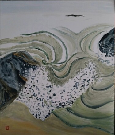 Malerei mit dem Titel "Vagues entre les ro…" von Ayako Guerin, Original-Kunstwerk, Acryl Auf Keilrahmen aus Holz montiert