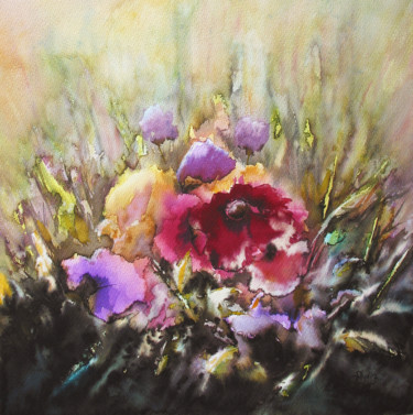 Pittura intitolato "Purple flowers" da Aydin Baykara, Opera d'arte originale, Acquarello