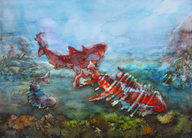 Painting titled "Escape from shark" by Aydin Baykara, Original Artwork, Watercolor