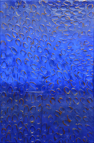 Painting titled "Signes sur fond bleu" by Ayel, Original Artwork, Acrylic Mounted on Wood Stretcher frame