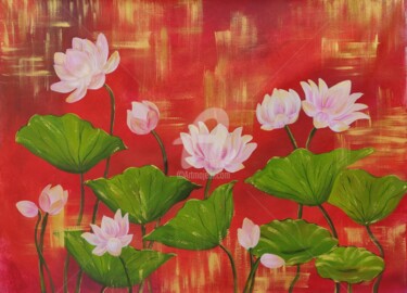 Painting titled "Pink Lotus Pond Ori…" by Ayesha Jilkar, Original Artwork, Acrylic