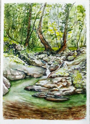 Painting titled "Stream and trees" by Ayhan Ayvaz, Original Artwork, Watercolor