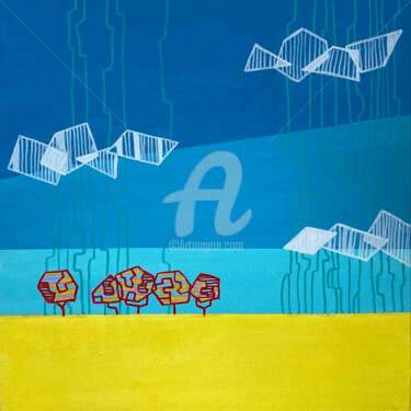 Картина под названием "Landscape with Stic…" - Ayhan Çeli̇K, Подлинное произведение искусства, Акрил Установлен на Деревянная…
