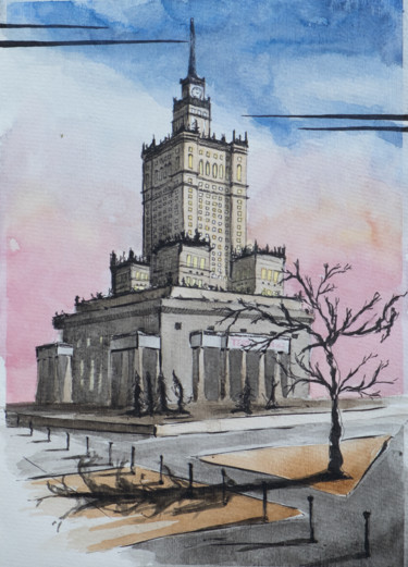 Pintura intitulada "Pałac Kultury i Nau…" por Ayme, Obras de arte originais, Aquarela