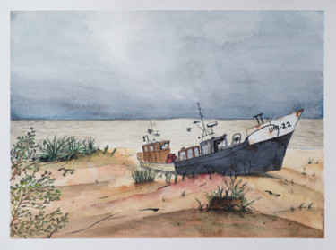 Pintura intitulada "En attendant la mar…" por Ayme, Obras de arte originais, Aquarela
