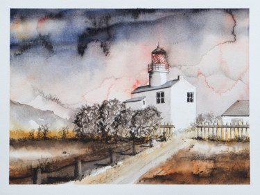 Painting titled "La maison-phare" by Ayme, Original Artwork, Watercolor
