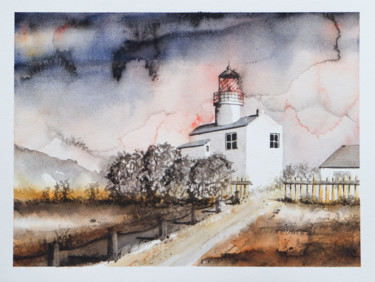 Peinture intitulée "La maison-phare" par Ayme, Œuvre d'art originale, Aquarelle