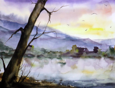 Painting titled "Sunset" by Ayşe Eylül Sönmez, Original Artwork, Watercolor