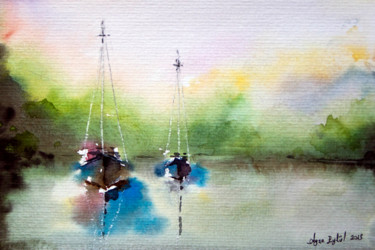 Ζωγραφική με τίτλο "The boats" από Ayşe Eylül Sönmez, Αυθεντικά έργα τέχνης, Ακουαρέλα