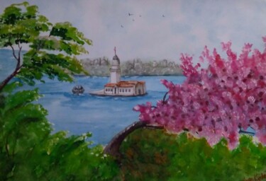 Desenho intitulada "İSTANBUL KIZ KULESİ" por Ayşe Keleş, Obras de arte originais, Aquarela