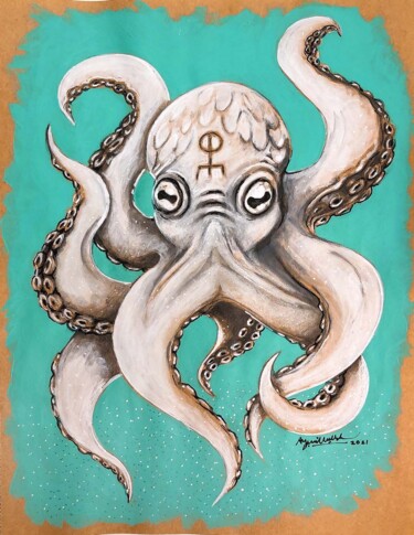 Dessin intitulée "Aegean Octopus" par Ayşenur İLkışık, Œuvre d'art originale, Gouache