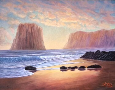 Painting titled "sunset on a beach" by Aytaç Dutki̇N, Original Artwork, Oil