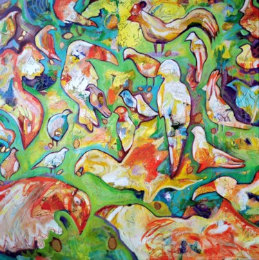 Painting titled "Birds with golden e…" by Erika Petunoviene Ayte, Original Artwork, Acrylic