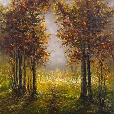 Картина под названием "«Первый туман»" - Валерия Азамат, Подлинное произведение искусства, Масло Установлен на Деревянная ра…
