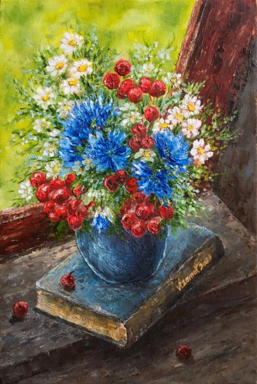 Painting titled "Summer bouquet" by Valeriia Azamat, Original Artwork, Oil Mounted on Wood Stretcher frame