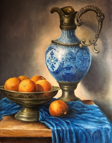 Картина под названием "«Натюрморт с апельс…" - Валерия Азамат, Подлинное произведение искусства, Масло