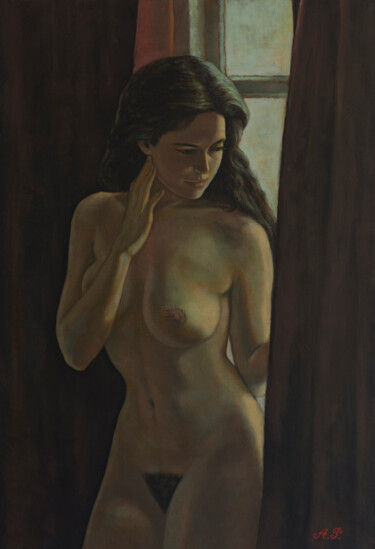 Peinture intitulée "Femme nue regardant…" par Azat Pogosian, Œuvre d'art originale, Huile