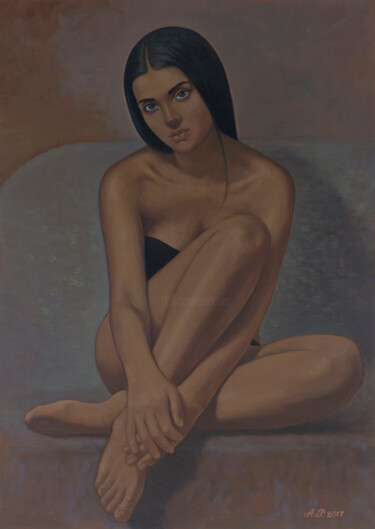 Painting titled "Fille assise sur un…" by Azat Pogosian, Original Artwork, Oil
