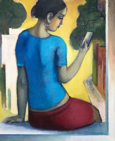 Painting titled "Girl with a phone-6" by Azeriman, Original Artwork, Oil