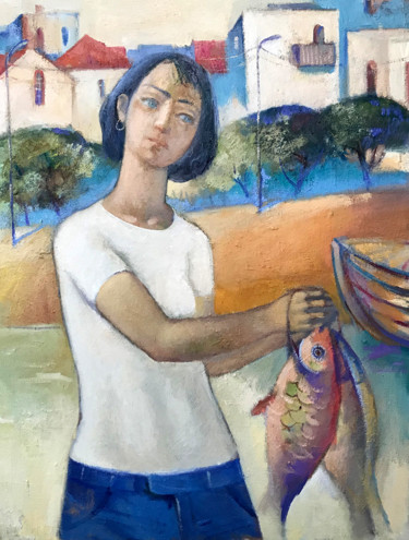 Peinture intitulée "Girl with the fishes" par Azeriman, Œuvre d'art originale, Acrylique