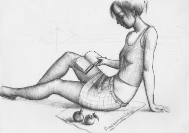 Drawing titled "Reading" by Azeriman, Original Artwork, Gel pen